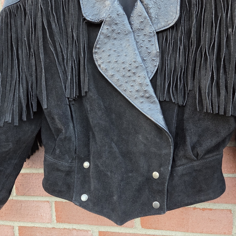 Outerwear By Phoenix Suede Fringed Ostrich Print Leather Vintage Women's Jacket - Picture 5 of 8